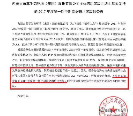 PPP发债难:蒙草生态10亿票据遭终止评级 下调