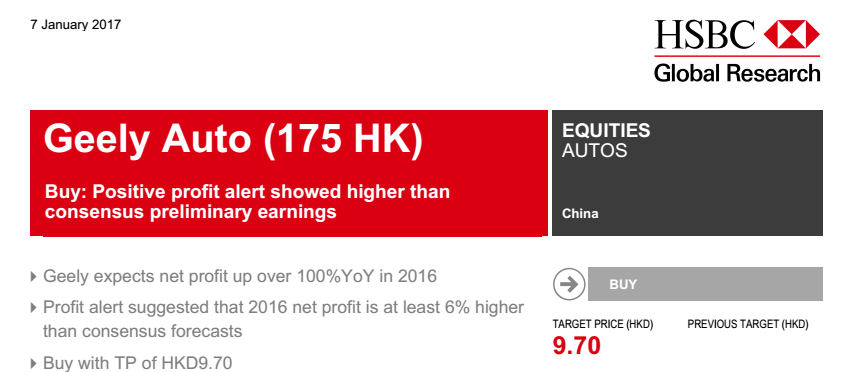 吉利汽车盈喜高于预期 汇丰维持 买入 评级