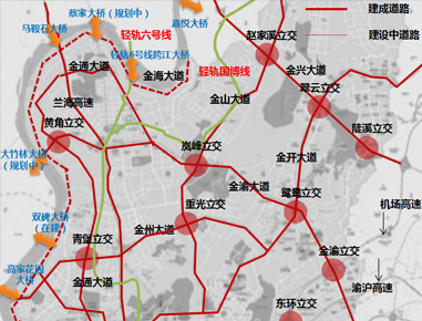 总长16公里的沿嘉陵江环礼嘉商务区的滨江路金海大道已基本建成.