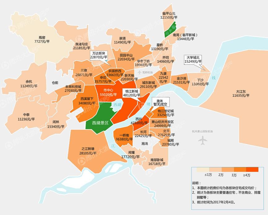 涨跌对半 2017年1月杭州楼市板块房价地图