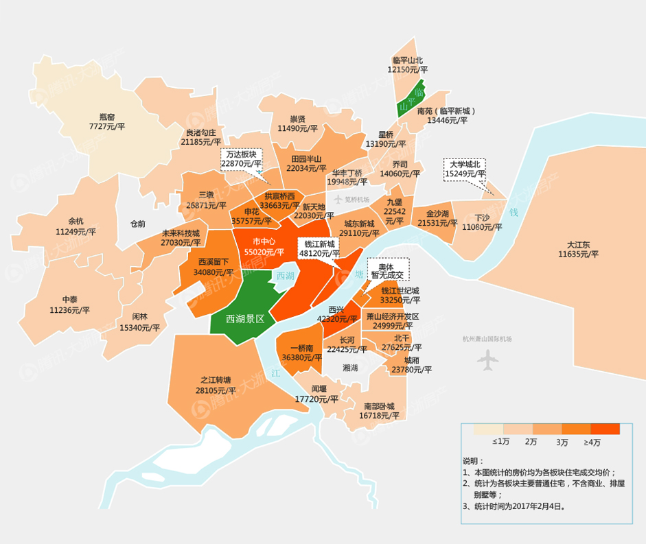 涨跌对半 2017年1月杭州楼市板块房价地图