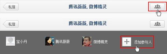 在多人私信会话内，点击右上角的参与人按钮可以查看或添加参与人，已在会话内的参与人不可移除。