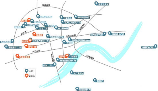 图为杭州目前已建成与在建商业综合体的位置