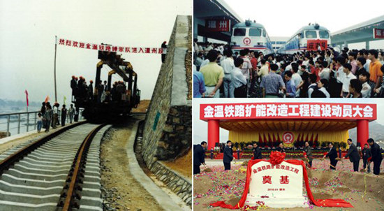图左为金温铁路建设中,图右上为1998年,首开列车的温州火车站,图右下为新金温铁路动员大会