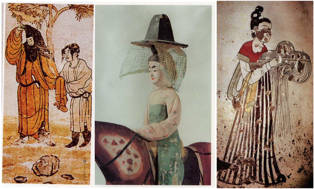 中:新疆阿斯塔纳出土唐代彩绘骑马女俑;右:捧帷帽的宫女(唐燕国体妃